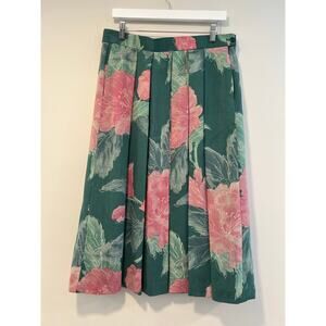 Geiger Austria Wool Midi Skirt Pleated A Line Green Pink Floral Size 38 / 8 SG
